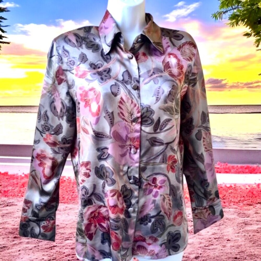 Vintage 80's TESS Satin Blouse Button Up Long Sleeve Shirt Flip Cuffs
